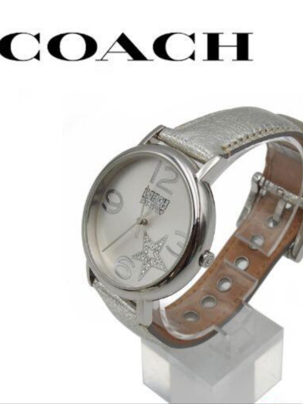 Coach Poppy Silver Star Accent Leather Strap Watch-Quartz New Battery Installed